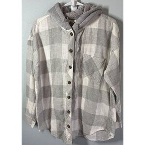 Maurices Womens Gray/White Plaid Hooded Flannel Shaket Large Button Up Pockets
